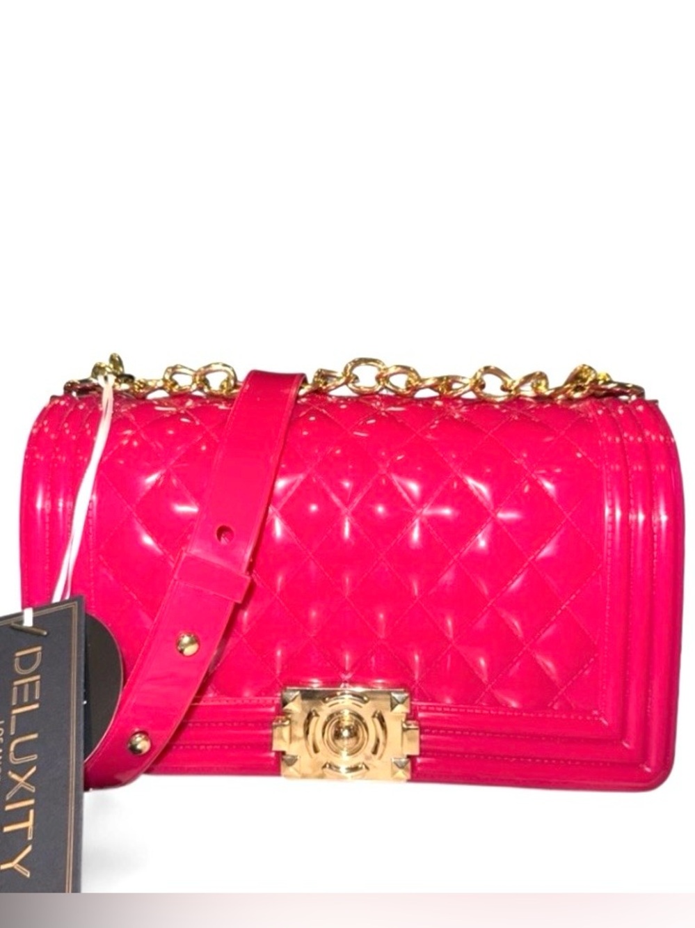 DELUXITY Hot Pink Quilted X-body Jelly Bag with Gold Chain